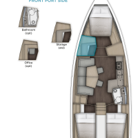 Le plan d'aménagement en version 3 cabines. l'espace à l'avant est modulaire et peut être aménagé soit en bureau, soit en rangement, soit en seconde s