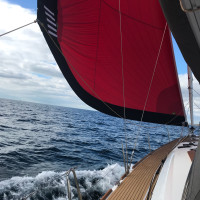 Dufour 460 GL sous voile au portant. Gennaker rouge sur emmagasineur pour plus de facilité de manoeuvre.